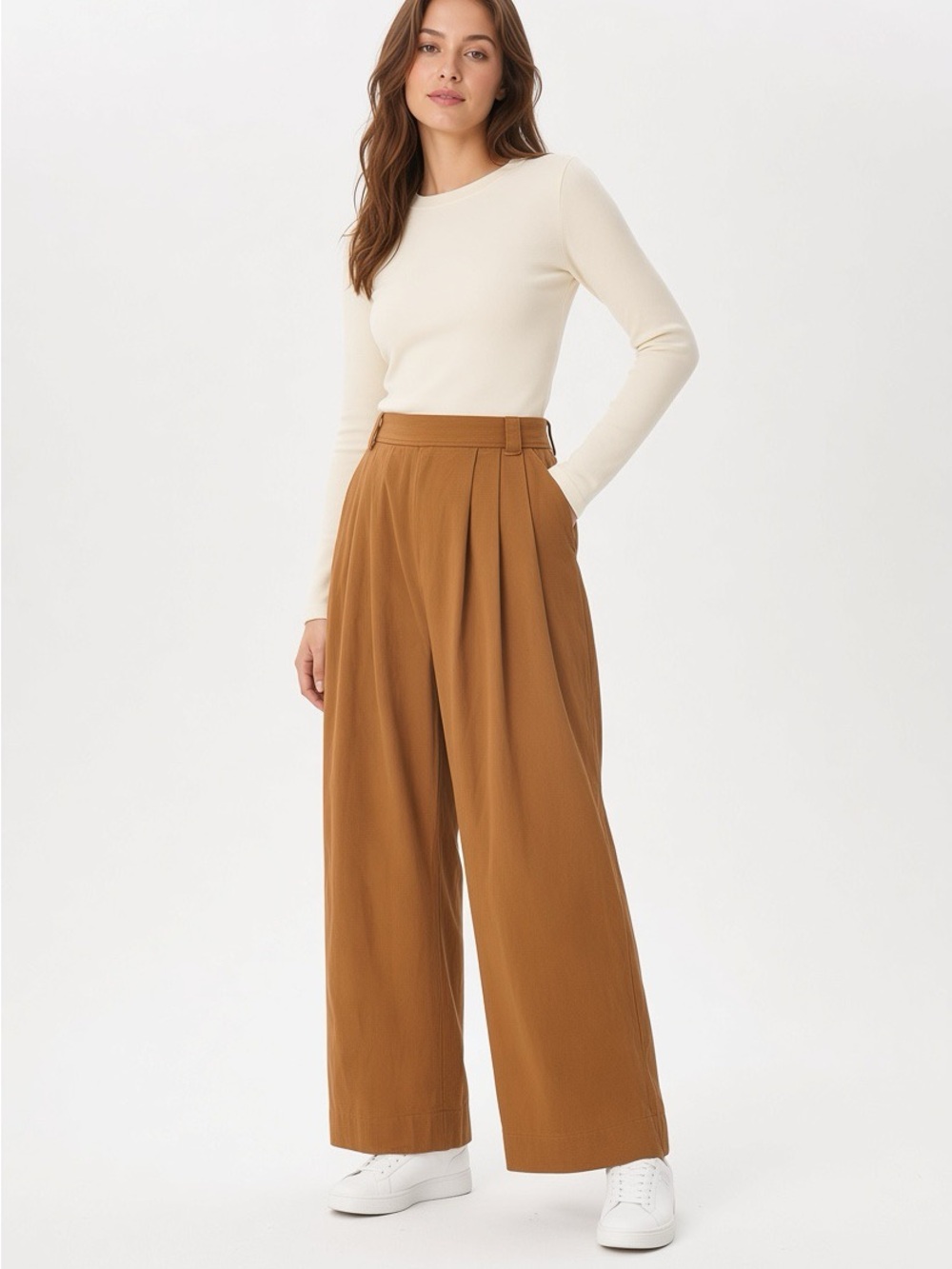 Camel Wide-Leg Pants – 100% Cotton – High Waist Pleated – Size S